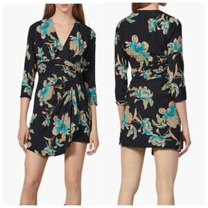 Sandro Paris Bruni Asymmetric Black Floral Wrap Mini Dress New 36 Small Size 2 4